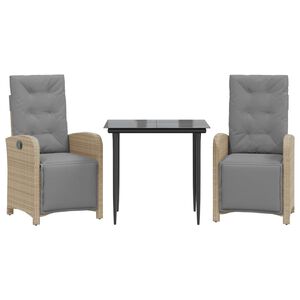 vidaXL Ensemble de bistro 3 pcs et coussins gris clair r&eacute;sine tress&eacute;e