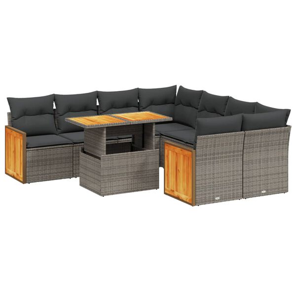vidaXL Salon de jardin 9 pcs avec coussins gris r&eacute;sine tress&eacute;e
