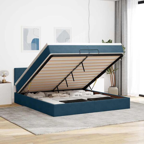 vidaXL Cadre de lit ottoman avec matelas bleu fonc&eacute; 200x200 cm velours