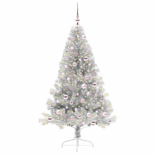vidaXL Sapin de No&euml;l artificiel pr&eacute;-&eacute;clair&eacute; Argent 180 cm PET