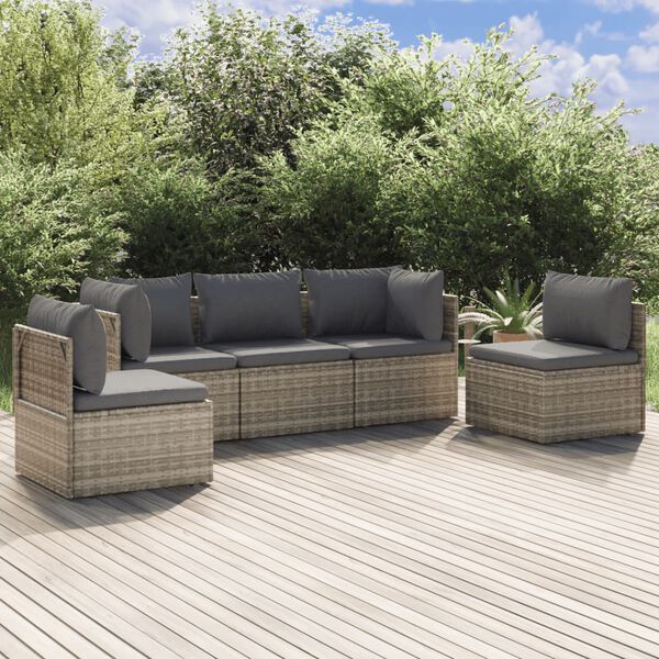 vidaXL Salon de jardin 5 pcs avec coussins Gris R&eacute;sine tress&eacute;e