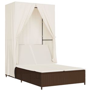 vidaXL Chaise longue double avec toit et rideaux marron r&eacute;sine tress&eacute;e