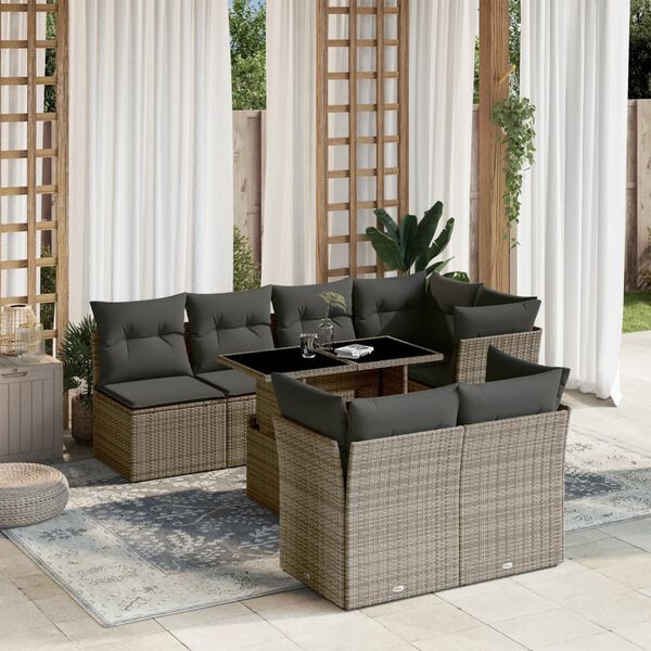 vidaXL Salon de jardin 8 pcs avec coussins gris r&eacute;sine tress&eacute;e