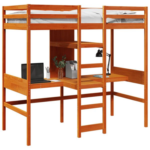 vidaXL Lit mezzanine avec bureau et étagères brun cire 90x200 cm pin