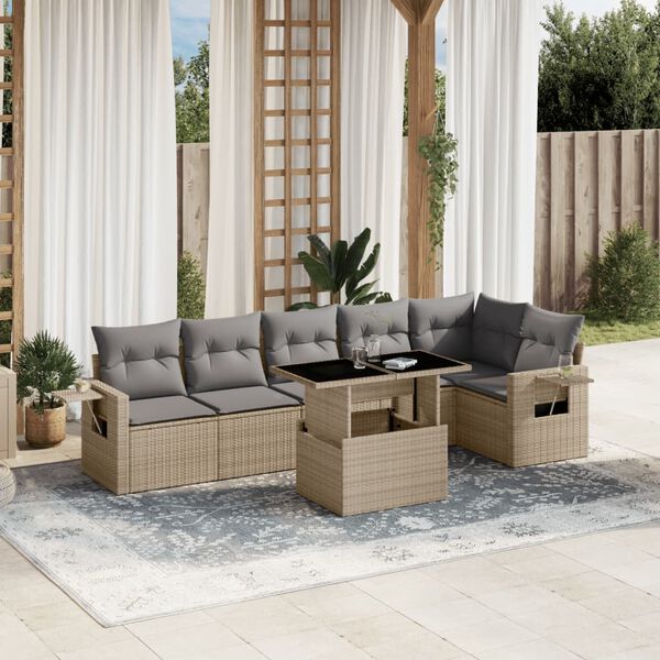 vidaXL Salon de jardin avec coussins 7 pcs beige r&eacute;sine tress&eacute;e