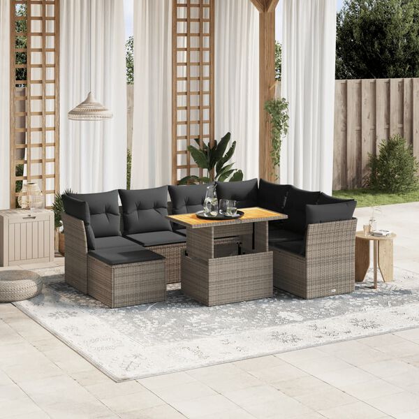 vidaXL Salon de jardin 8 pcs avec coussins gris r&eacute;sine tress&eacute;e