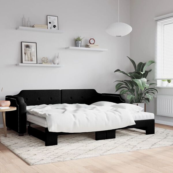 vidaXL Lit de jour avec gigogne et matelas noir 90x200 cm tissu