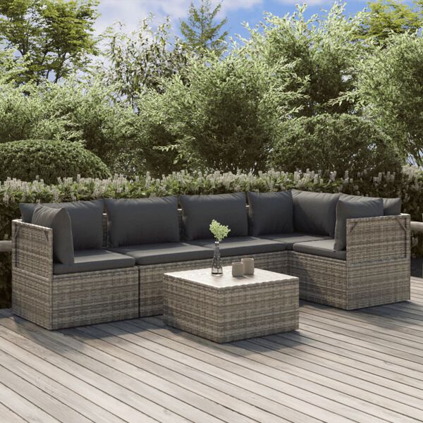 vidaXL Salon de jardin 6 pcs avec coussins Gris R&eacute;sine tress&eacute;e