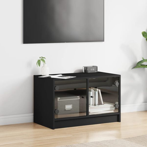 vidaXL Meuble TV avec portes en verre noir 68x37x42 cm