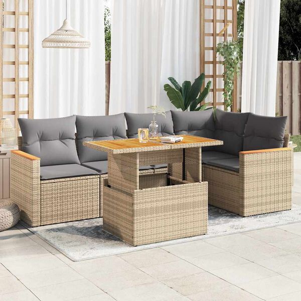 vidaXL Salon de jardin 6 pcs avec coussins beige r&eacute;sine tress&eacute;e acacia