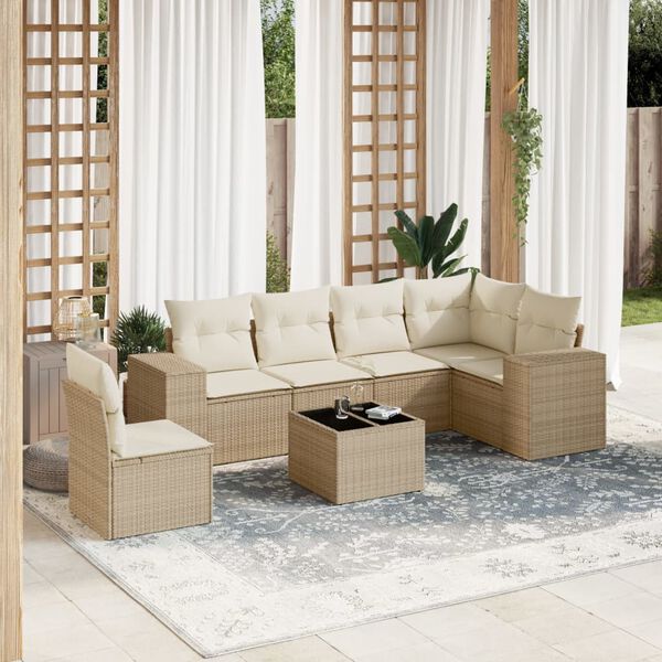vidaXL Salon de jardin avec coussins 7 pcs beige r&eacute;sine tress&eacute;e