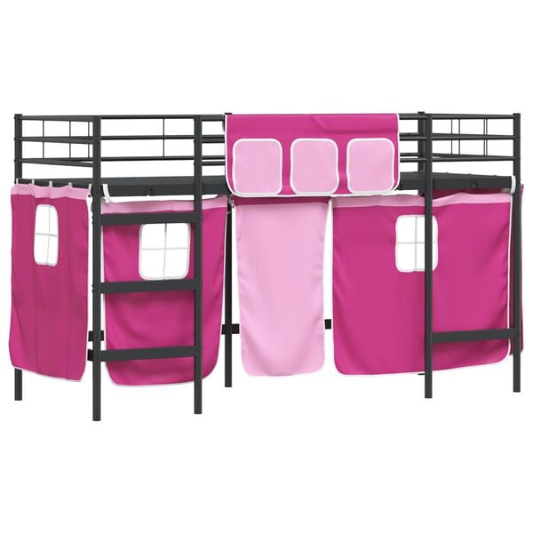 vidaXL Cadre de Lit Mezzanine pour Enfants avec Rideaux Noir et rose