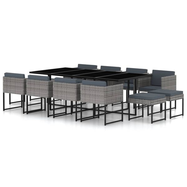 vidaXL Ensemble &agrave; manger de jardin coussins 13 pcs R&eacute;sine tress&eacute;e Gris