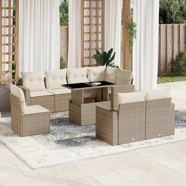 vidaXL Salon de jardin avec coussins 9 pcs beige r&eacute;sine tress&eacute;e