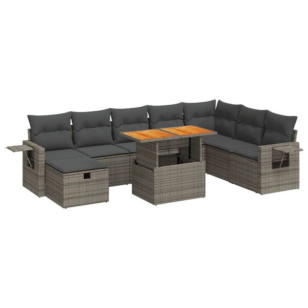 vidaXL Salon de jardin avec coussins 9 pcs gris r&eacute;sine tress&eacute;e acacia
