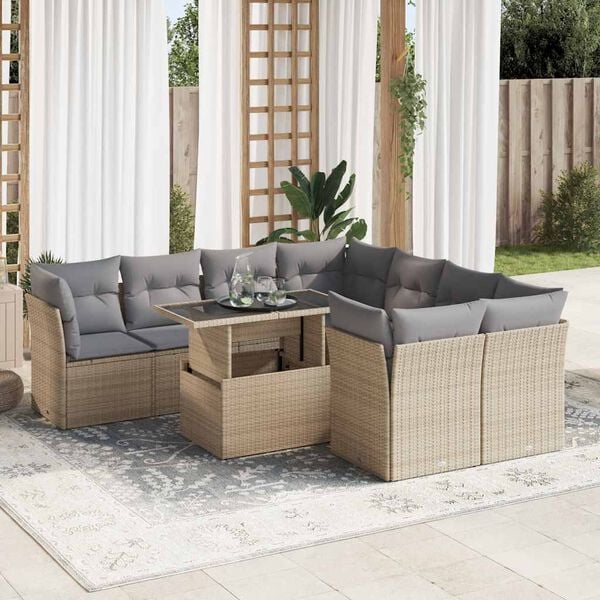 vidaXL Salon de jardin avec coussins 9 pcs beige r&eacute;sine tress&eacute;e