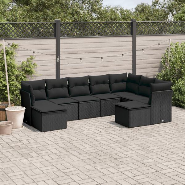 vidaXL Salon de jardin 9 pcs avec coussins noir r&eacute;sine tress&eacute;e