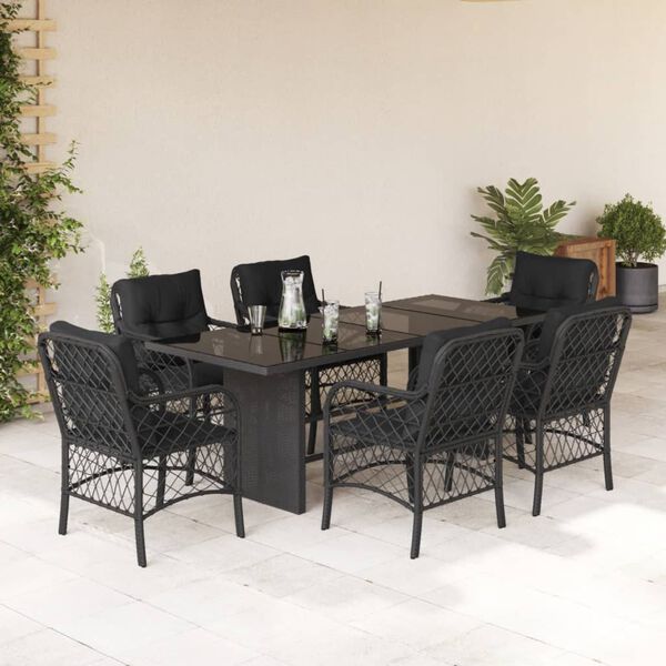 vidaXL Ensemble &agrave; manger de jardin coussins 7pcs Noir R&eacute;sine tress&eacute;e