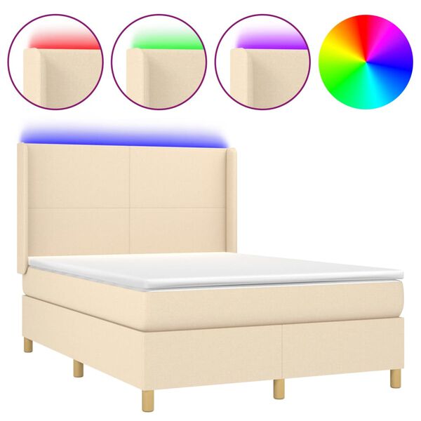 vidaXL Sommier &agrave; lattes de lit matelas et LED Cr&egrave;me 140x190 cm Tissu