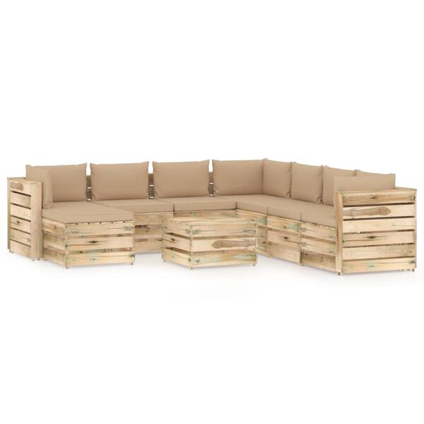 vidaXL Salon de jardin 9 pcs avec coussins vert bois impr&eacute;gn&eacute;