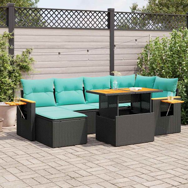 vidaXL Salon de jardin avec coussins 7pcs marron r&eacute;sine tress&eacute;e acacia