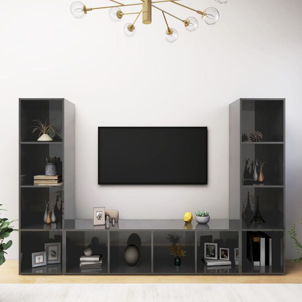 vidaXL Meubles TV 3 pcs Gris brillant 142,5x35x36,5 cm Bois ing&eacute;nierie