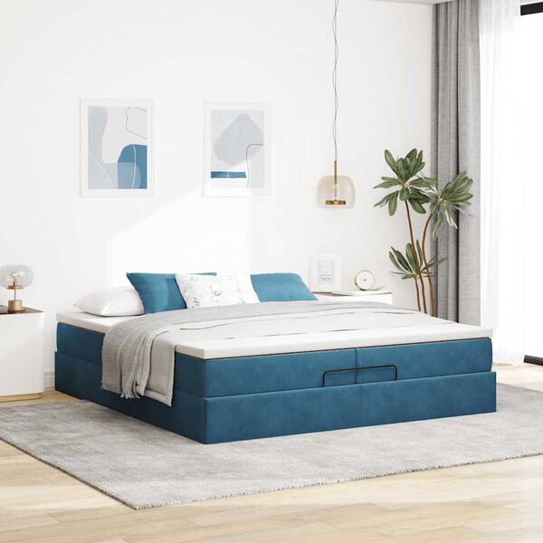 vidaXL Cadre de lit ottoman avec matelas bleu fonc&eacute; 200x200 cm velours