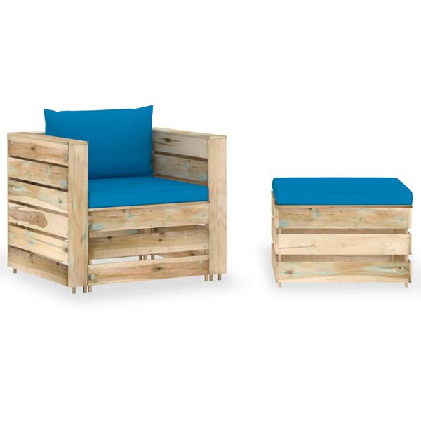 vidaXL Salon de jardin 2 pcs avec coussins Bois impr&eacute;gn&eacute; de vert