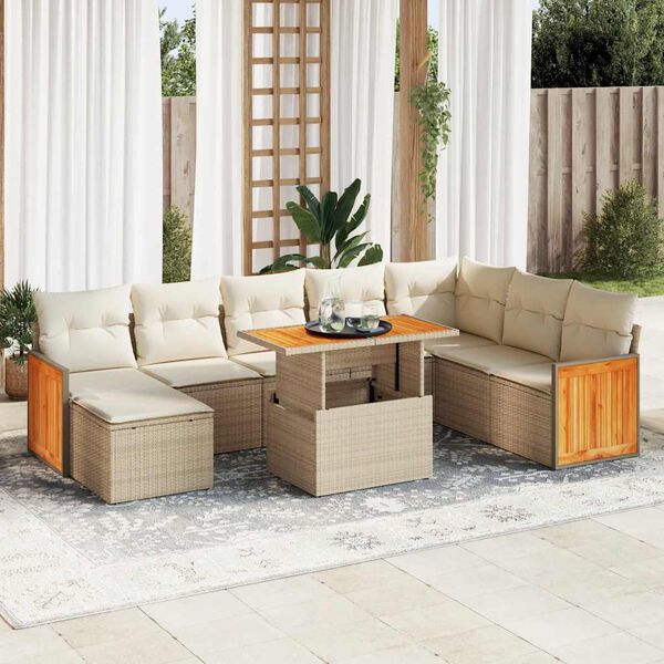 vidaXL Salon de jardin avec coussins 9 pcs beige r&eacute;sine tress&eacute;e acacia