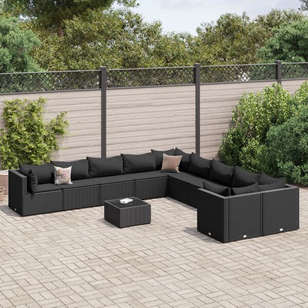 vidaXL Salon de jardin 11 pcs avec coussins noir résine tressée