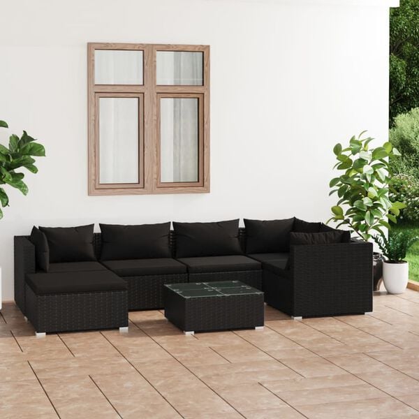 vidaXL Salon de jardin 7 pcs avec coussins Résine tressée Noir