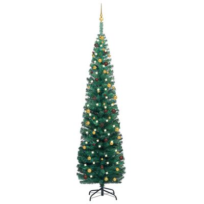 vidaXL Sapin de Noël artificiel mince pré-éclairé et boules vert 240cm