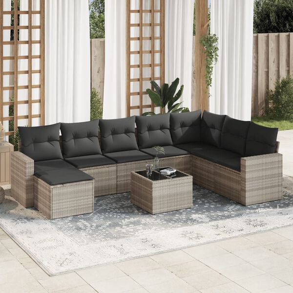 vidaXL Salon de jardin 9 pcs avec coussins gris clair r&eacute;sine tress&eacute;e