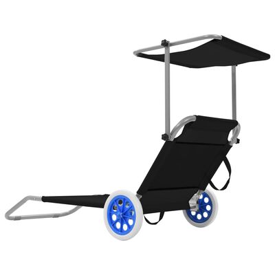 vidaXL Chaise longue pliable avec auvent et roues Acier Noir