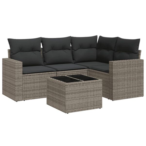 vidaXL Salon de jardin 5 pcs avec coussins gris r&eacute;sine tress&eacute;e