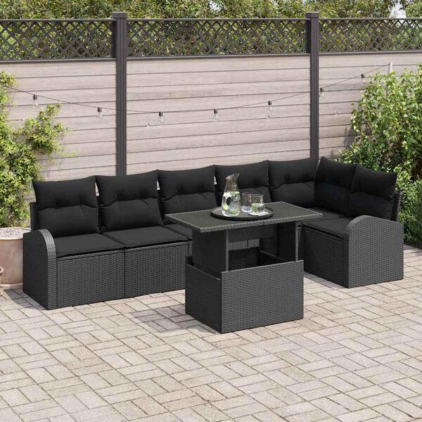 vidaXL Ensemble de canapé de jardin avec coussin 7 pcs Noir Poly rotin