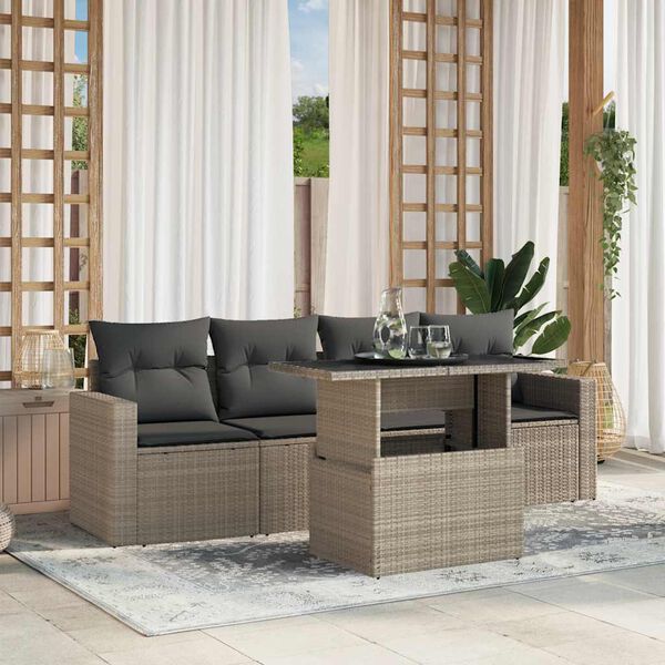 vidaXL Salon de jardin 5 pcs avec coussins gris clair r&eacute;sine tress&eacute;e