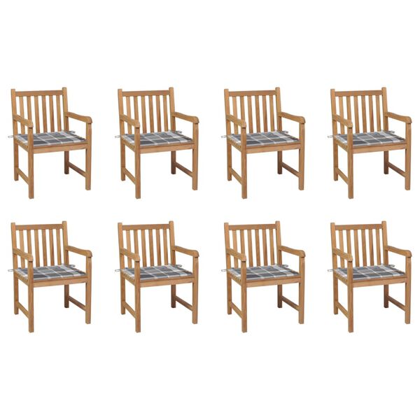 vidaXL Chaises de jardin lot de 8 et coussins carreaux gris Bois teck
