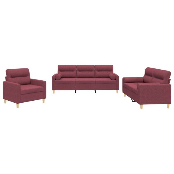 vidaXL Ensemble de canap&eacute;s 3 pcs avec coussins rouge bordeaux tissu