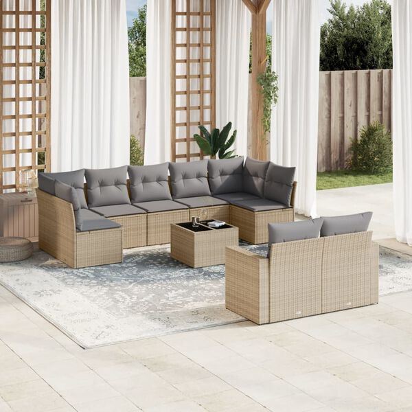 vidaXL Salon de jardin avec coussins 10 pcs beige r&eacute;sine tress&eacute;e