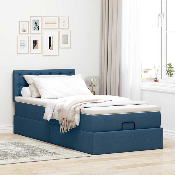 vidaXL Cadre de lit ottoman avec matelas bleu 90x190 cm tissu
