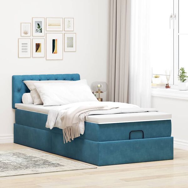 vidaXL Cadre de lit ottoman avec matelas bleu fonc&eacute; 90x200 cm velours