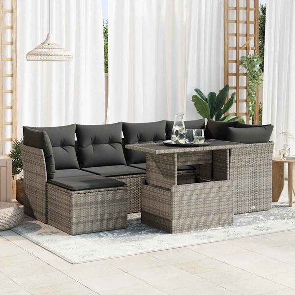 vidaXL Salon de jardin avec coussins 7 pcs gris r&eacute;sine tress&eacute;e