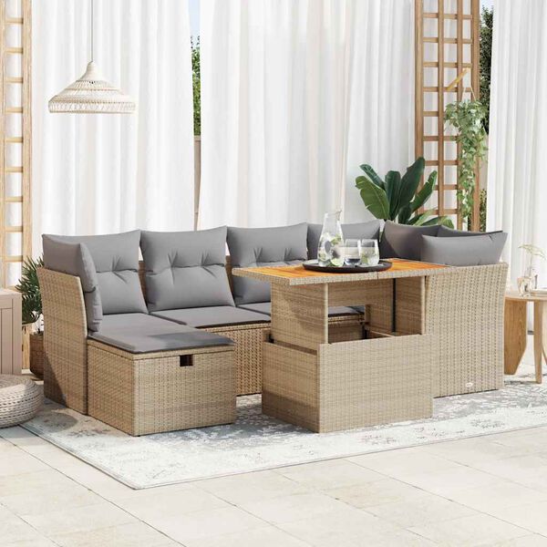 vidaXL Salon de jardin avec coussins 7 pcs beige r&eacute;sine tress&eacute;e acacia