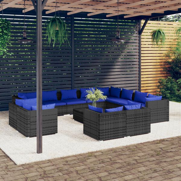 vidaXL Salon de jardin 13 pcs avec coussins Gris Résine tressée