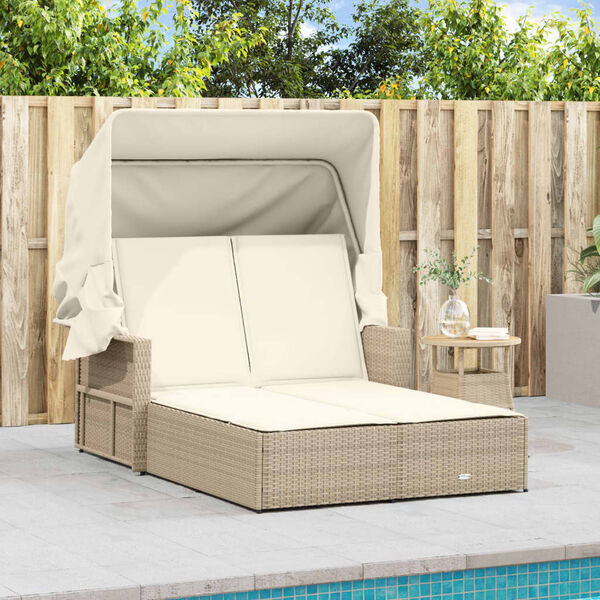 vidaXL Chaise longue double avec auvent et coussins beige poly rotin