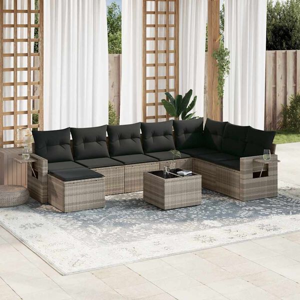vidaXL Salon de jardin 9 pcs avec coussins gris clair r&eacute;sine tress&eacute;e