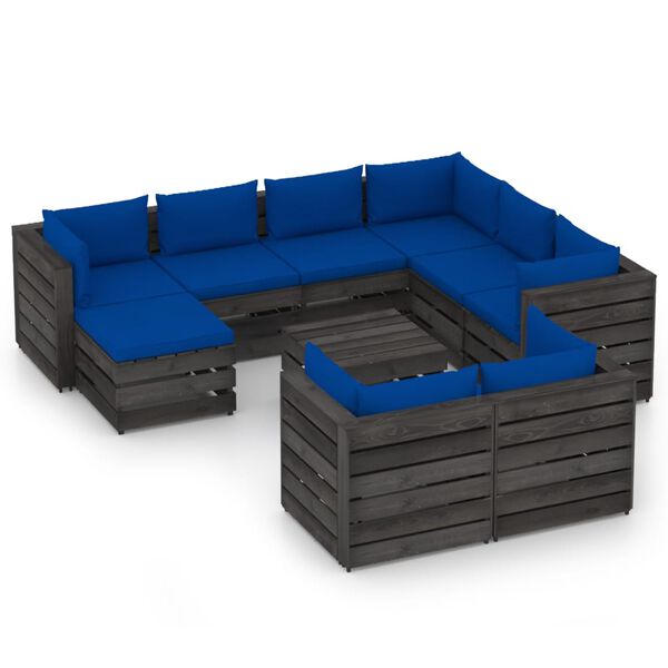 vidaXL Salon de jardin 10 pcs avec coussins Bois impr&eacute;gn&eacute; de gris