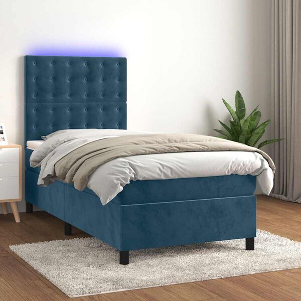 vidaXL Sommier &agrave; lattes de lit et matelas et LED Bleu fonc&eacute; 90x190 cm