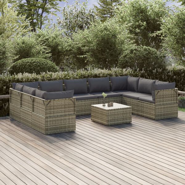 vidaXL Salon de jardin 10 pcs avec coussins Gris R&eacute;sine tress&eacute;e